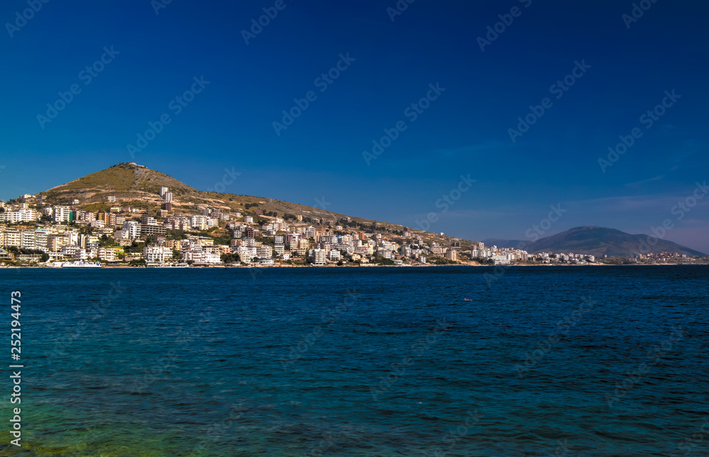 Panoramic view to Saranda city and bay of Ionian sea, Albania