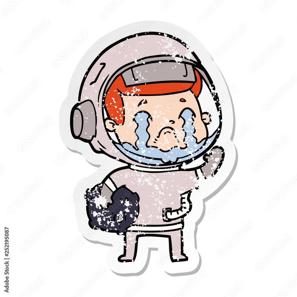 distressed sticker of a cartoon crying astronaut distressed sticker of a cartoon crying astronaut