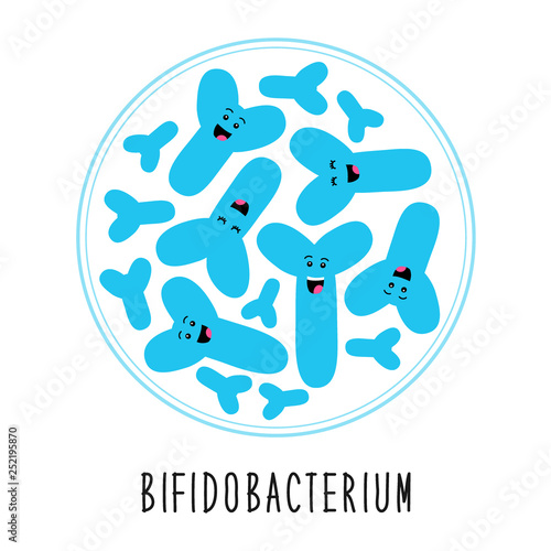 Funny probiotics bacteria bifidobacterium family cartoon characters isolated on white microbiom in flat style photo
