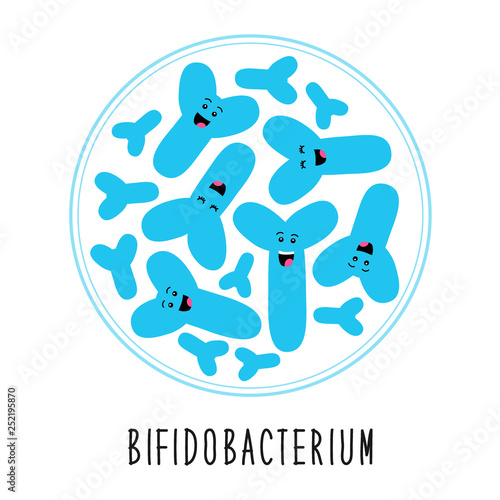 Funny probiotics bacteria bifidobacterium family cartoon characters isolated on white microbiom in flat style