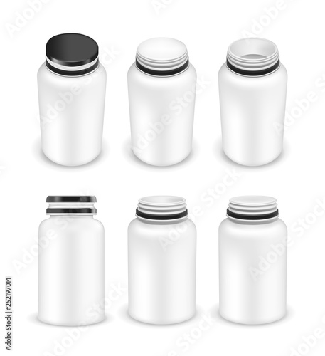 Vector open and closed plastic bottle for multivitamins or medication
