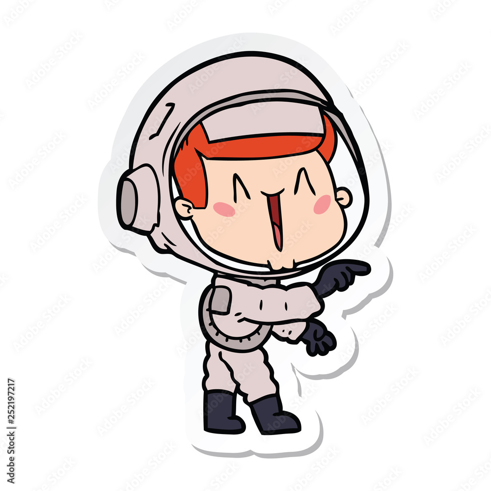 sticker of a happy cartoon astronaut pointing