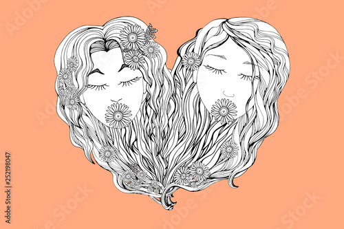 Two young women . Valentine's Day hand drawn doodle style concept. Gay romantic couple. Homosexual relationship. Stock vector