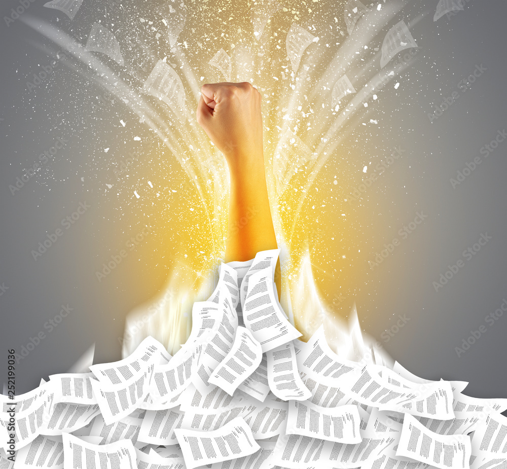 Hand buried in document pile and breaking out from it
Hand buried in document pile and breaking out from it