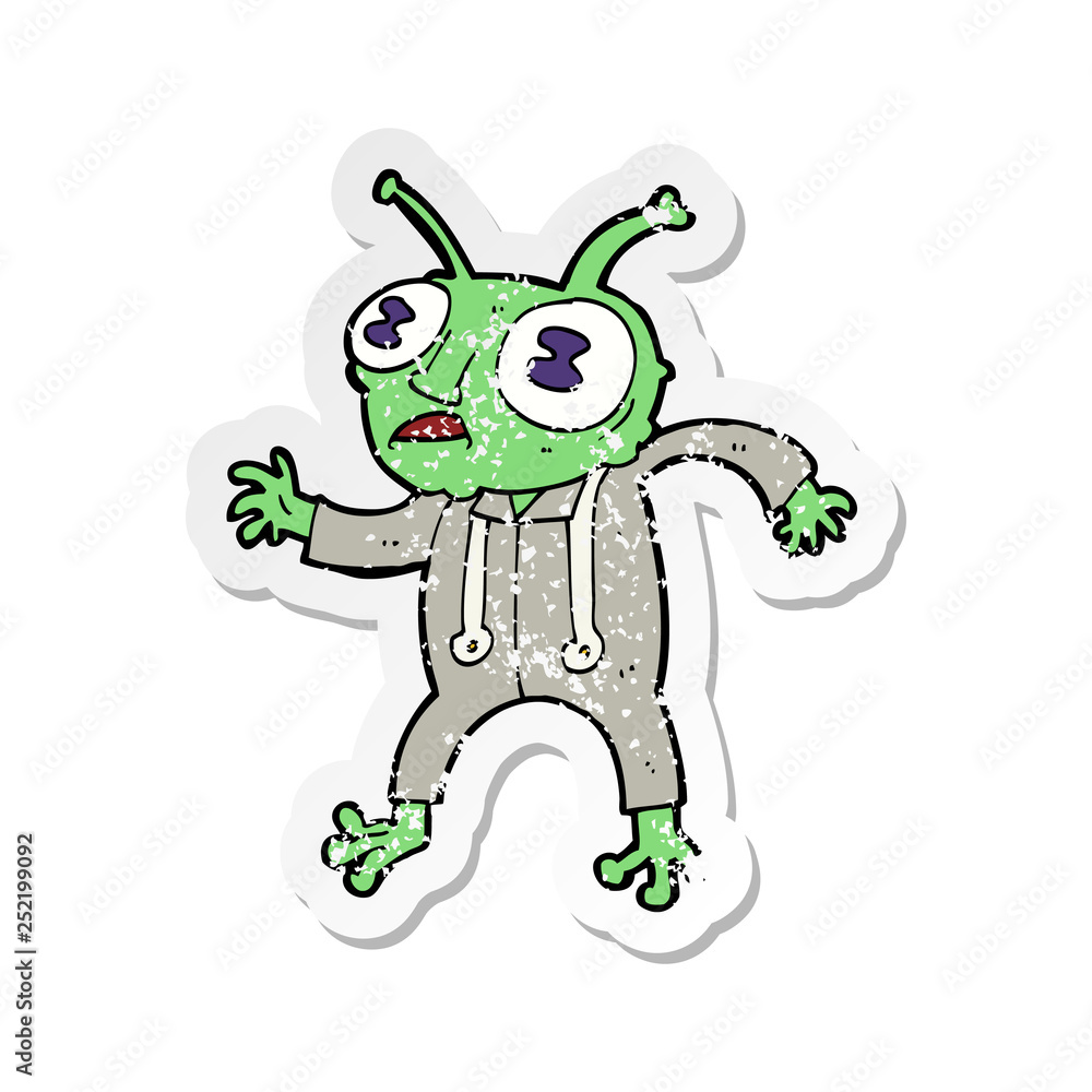 retro distressed sticker of a cartoon alien spaceman retro distressed sticker of a cartoon alien spaceman