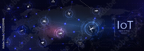 Internet of things (IoT) and networking concept for connected devices. Spider web of network connections with on a futuristic blue background