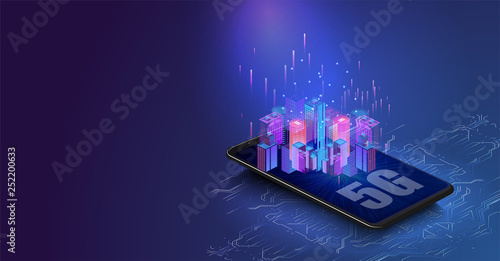 	 5G new wireless internet wifi connection. Smart city or intelligent building isometric vector concept. Building automation with computer networking illustration