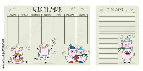 Weekly planner and to do list with cute pigs,adorable farm animals