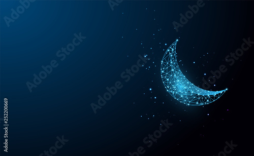 Abstract polygonal light image of a Arabic Moon . Wireframe mesh spheres from flying debris. Ramadan Kareem concept. Arabic, islamic, muslim, ramadan design