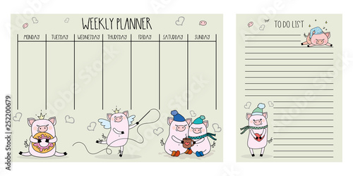 Weekly planner and to do list with cute pigs,