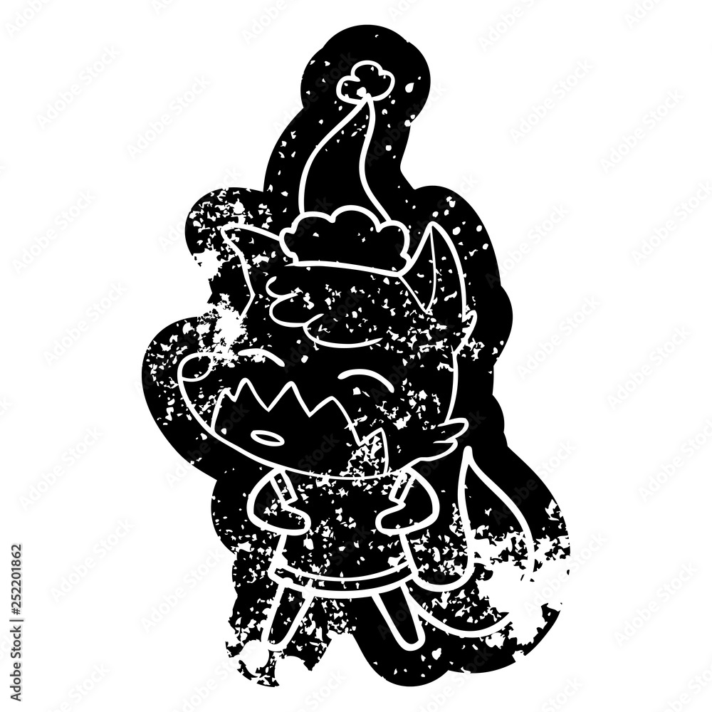 cartoon distressed icon of a fox wearing santa hat cartoon distressed icon of a fox wearing santa hat