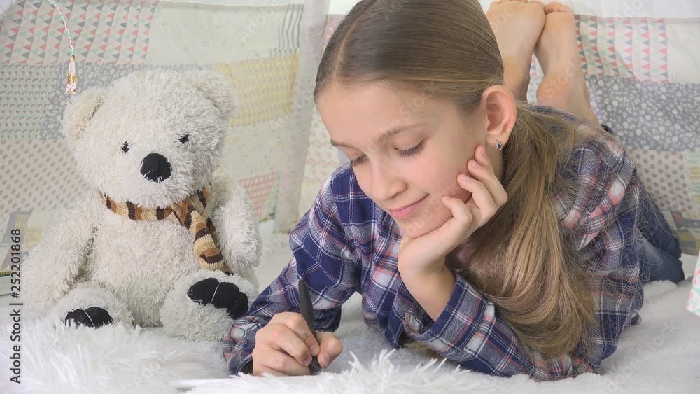 Child Playing Tablet in Playroom Girl Writing Homework for School Kid Playground Child Playing Tablet in Playroom Girl Writing Homework for School Kid Playground