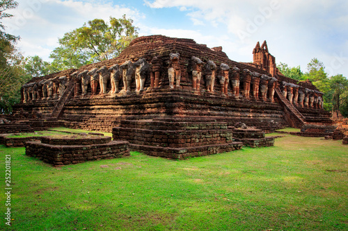 Ancient Pagoda at Wat Chang Rop temple in Kamphaeng Phet Historical Park In Thailand, Buddha statue, Old Town,Tourism, World Heritage Site, Civilization,UNESCO.