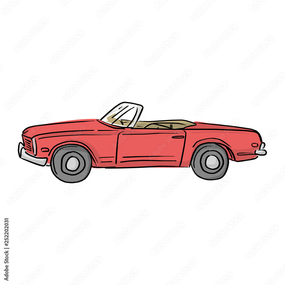 red retro convertible car vector illustration with black lines isolated on white background.