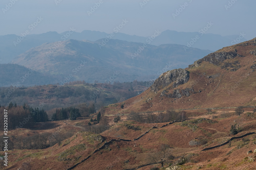 The Great Langdale skyline of Crinkle Crags, Bowfell and the Langdale Pikes seen above Lingmoor Fell from the lower slopes of Loughrigg Fell, Lake District, UK