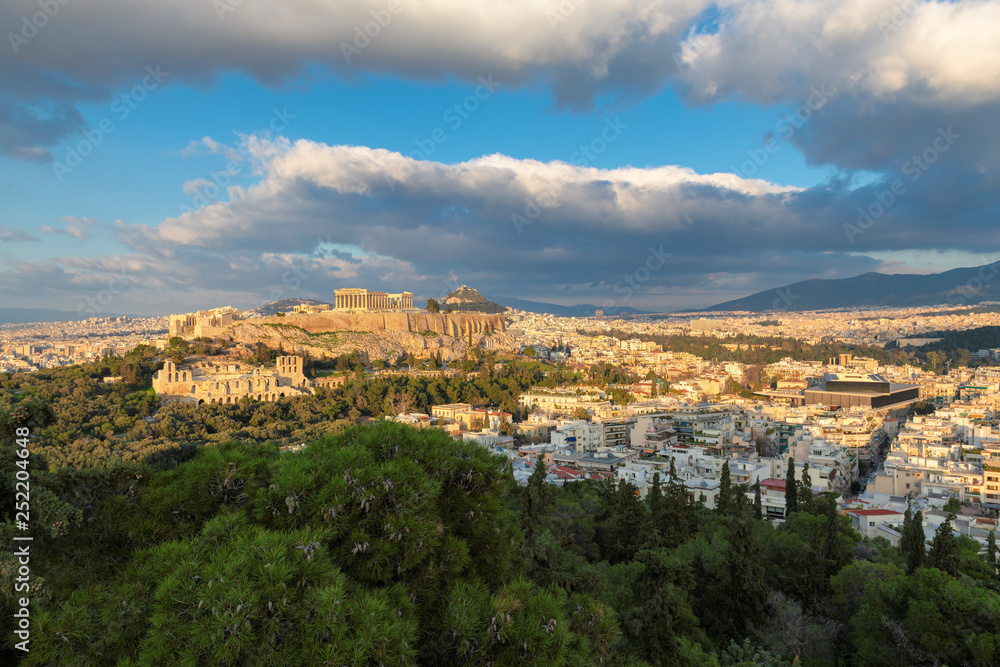 Athens skyline. The Acropolis of Athens at sunset, with the Parthenon Temple, Athens, Greece.