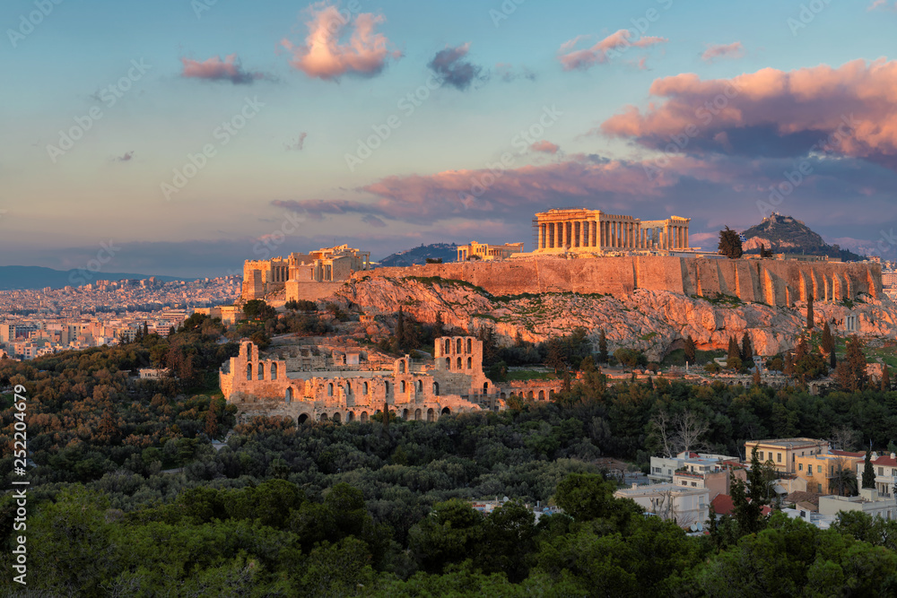 The Acropolis of Athens, with the Parthenon Temple at sunset, Athens, Greece.