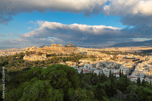 Athens skyline. The Acropolis of Athens at sunset, with the Parthenon Temple, Athens, Greece.