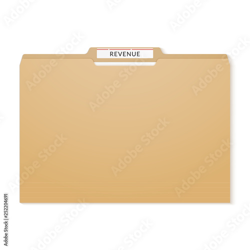 Revenue report binder. Manila folder papers archive.