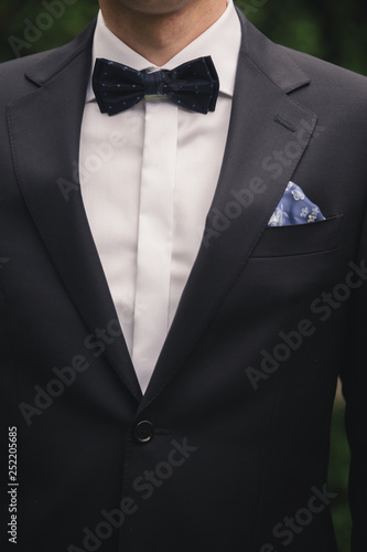 Handsome elegant young fashion man in coat tuxedo classical suit costume and bow tie. Modern businessman