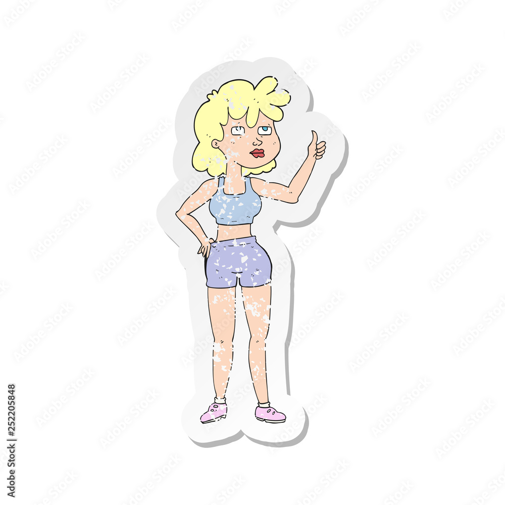 retro distressed sticker of a cartoon gym woman retro distressed sticker of a cartoon gym woman