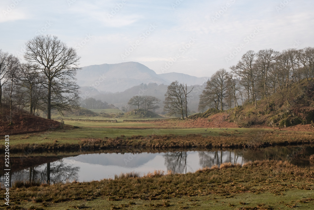 Wetherlam seen between trees over the River Brathay, between Elterwater and Skelwith Bridge, Lake District, UK Wetherlam seen between trees over the River Brathay, between Elterwater and Skelwith Bridge, Lake District, UK