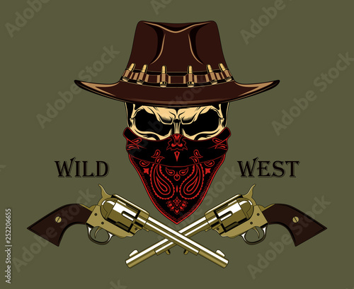 Skull in a cowboy hat with revolvers and a bandana on his face. Color vector image of the Wild West.