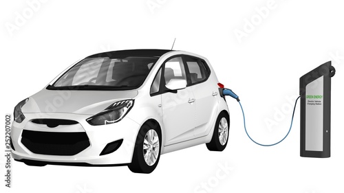 Electric cars charging on charge station     electro mobility environment friendly - isolated in white - 3d render