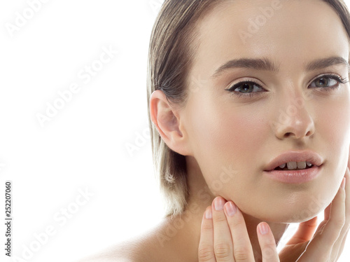 Beauty Woman face Portrait. Beautiful model Girl with Perfect Fresh Clean Skin color lips purple red. Blonde brunette short hair Youth and Skin Care Concept. Isolated on a white background