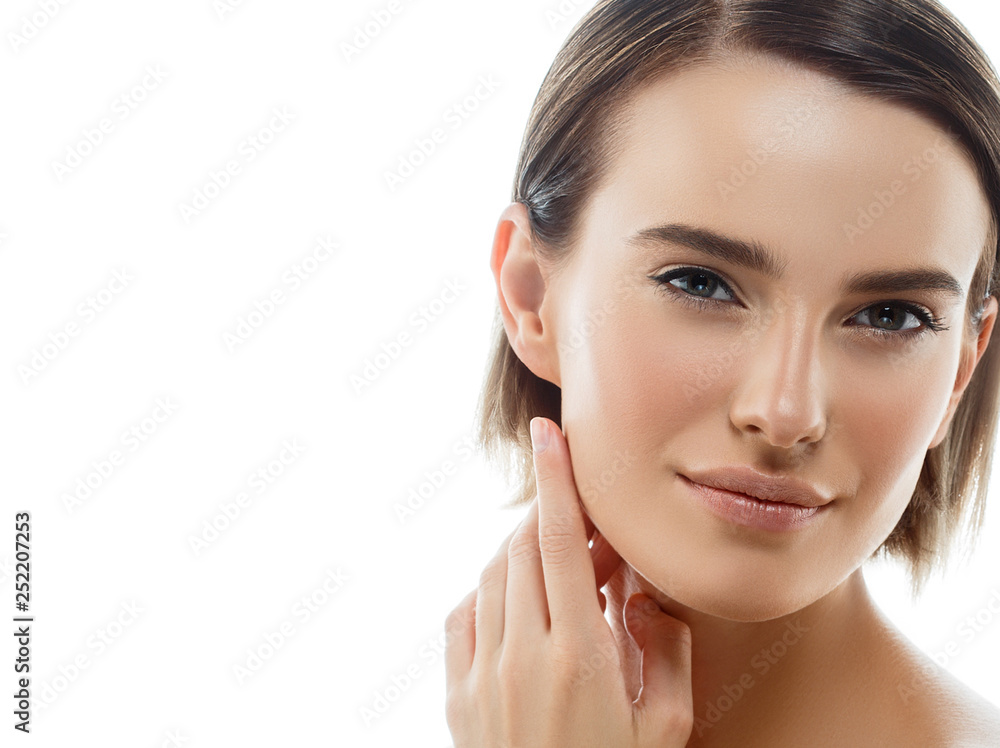 Beauty Woman face Portrait. Beautiful model Girl with Perfect Fresh Clean Skin color lips purple red. Blonde brunette short hair Youth and Skin Care Concept. Isolated on a white background Beauty Woman face Portrait. Beautiful model Girl with Perfect Fresh Clean Skin color lips purple red. Blonde brunette short hair Youth and Skin Care Concept. Isolated on a white background