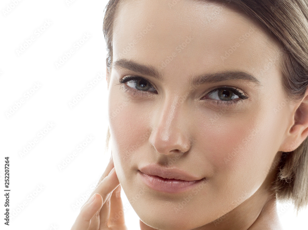 Fototapeta premium Beauty Woman face Portrait. Beautiful model Girl with Perfect Fresh Clean Skin color lips purple red. Blonde brunette short hair Youth and Skin Care Concept. Isolated on a white background