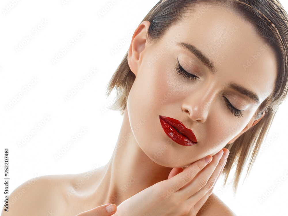 Beauty Woman face Portrait. Beautiful model Girl with Perfect Fresh Clean Skin color lips purple red. Blonde brunette short hair Youth and Skin Care Concept. Isolated on a white background Beauty Woman face Portrait. Beautiful model Girl with Perfect Fresh Clean Skin color lips purple red. Blonde brunette short hair Youth and Skin Care Concept. Isolated on a white background