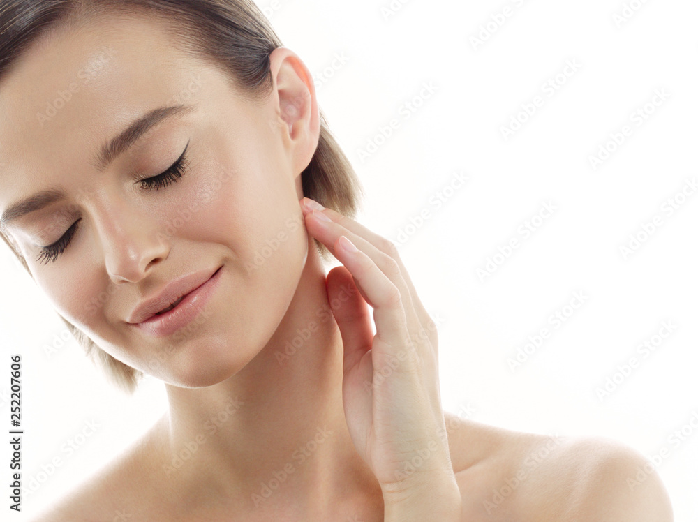 Beauty Woman face Portrait. Beautiful model Girl with Perfect Fresh Clean Skin color lips purple red. Blonde brunette short hair Youth and Skin Care Concept. Isolated on a white background