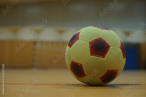 soccer ball in gym with goal in background