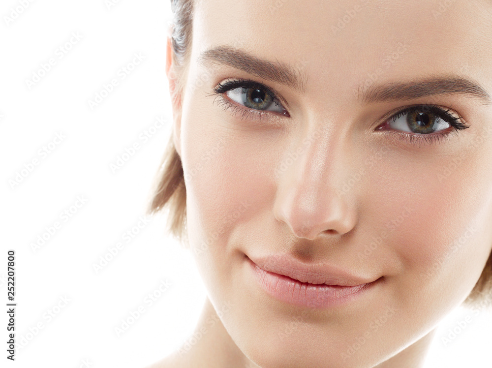 Beauty Woman face Portrait. Beautiful model Girl with Perfect Fresh Clean Skin color lips purple red. Blonde brunette short hair Youth and Skin Care Concept. Isolated on a white background Beauty Woman face Portrait. Beautiful model Girl with Perfect Fresh Clean Skin color lips purple red. Blonde brunette short hair Youth and Skin Care Concept. Isolated on a white background