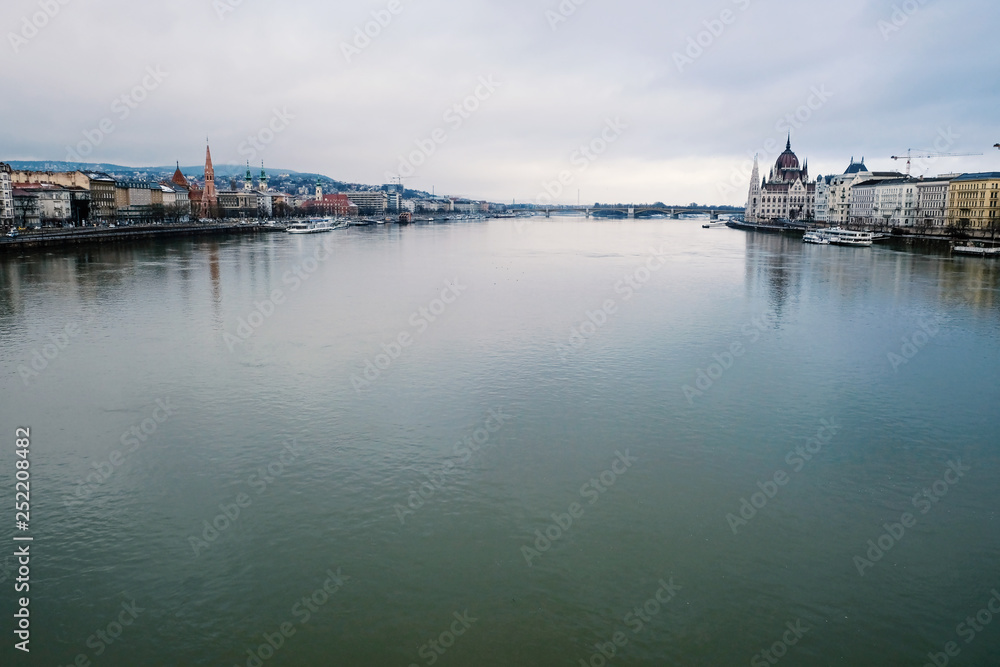 Fantastic Panoramic view of Danube River in cloudy weather