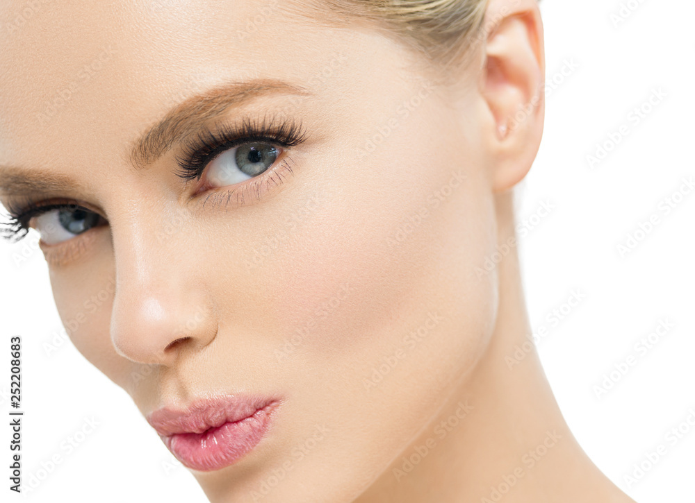 Blonde beauty young happy woman with healthy skin and beautiful hairstyle female girl model portrait isolated on white Blonde beauty young happy woman with healthy skin and beautiful hairstyle female girl model portrait isolated on white