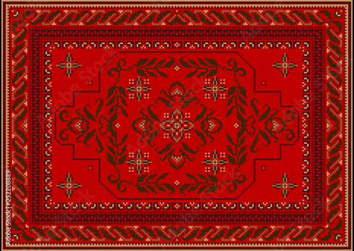 Vintage luxury carpet in red and dark brown shades with a central dark brown ornament of curved branches with leaves