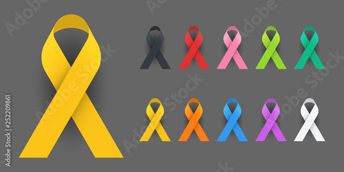 Realistic Colorful Awareness Ribbons Design Element Banner Emblem Sign Symbol Vector Illustration Various Colors on Dark Background