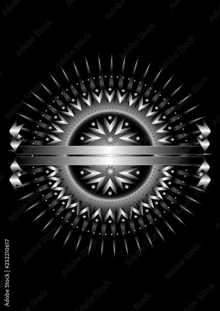 Obraz premium Silver round frame of round beads with an oval of silver arrows and stars on a black background with silver rays and a double silver ribbon