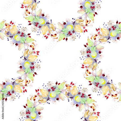 Bouquet with flowers and fruits. Watercolor background illustration set. Seamless background pattern.