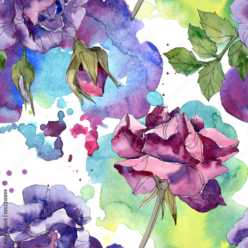 Purple and red rose floral botanical flowers. Watercolor illustration set. Seamless background pattern.