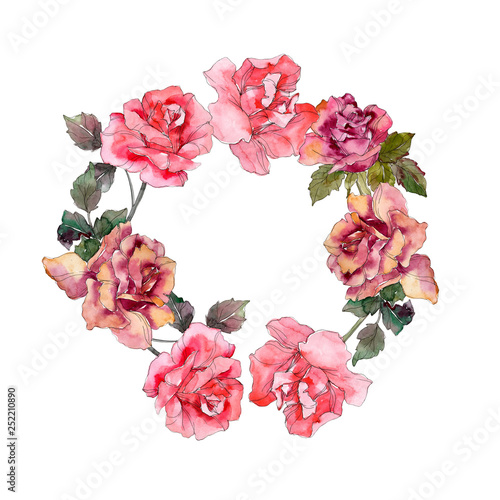 Pink rose floral botanical flower. Watercolor background illustration set. Frame border ornament square.