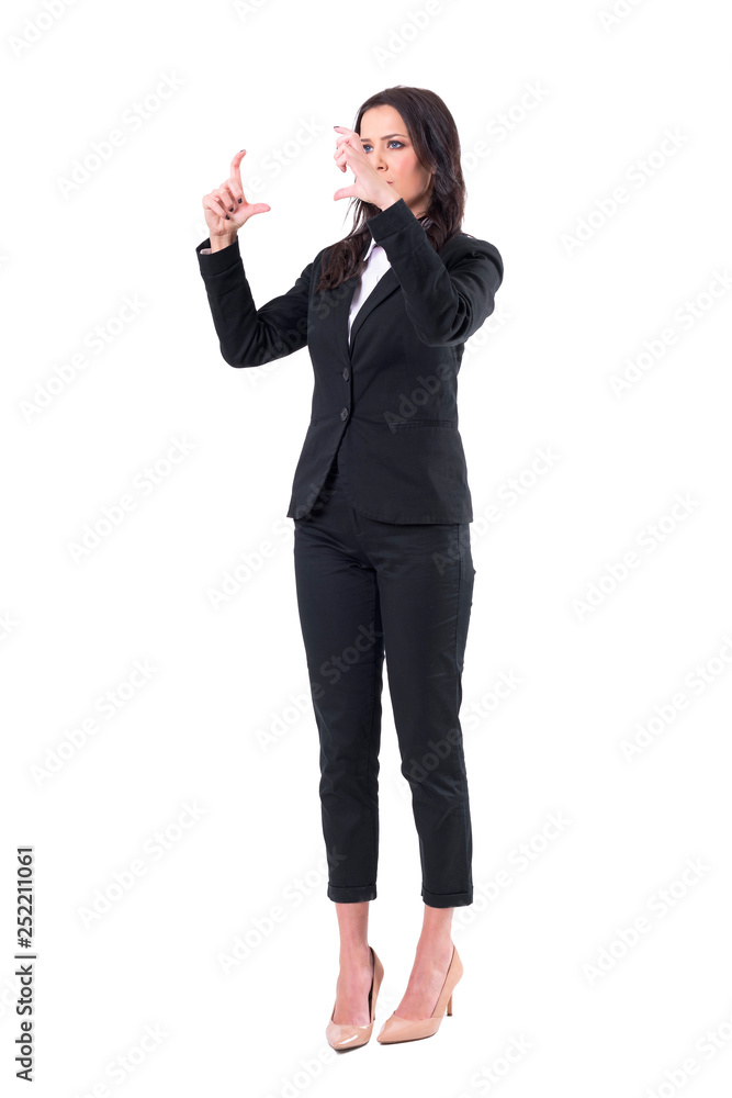 Business woman interaction with finger on virtual reality screen simulator. Full body isolated on white background. Business woman interaction with finger on virtual reality screen simulator. Full body isolated on white background.