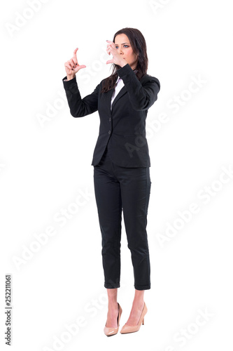 Business woman interaction with finger on virtual reality screen simulator. Full body isolated on white background. 