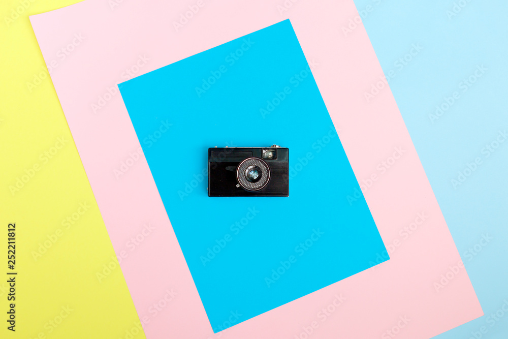 Fashion Film Camera. Minimal Creative style with colorful paper backdrop Pastel Sweet Style. Flat lay. top view. Copy space. Fashion Film Camera. Minimal Creative style with colorful paper backdrop Pastel Sweet Style. Flat lay. top view. Copy space.