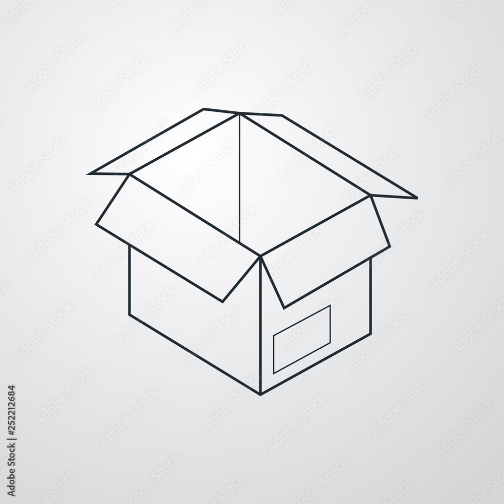 Icono plano lineal caja de cartón en fondo gris Icono plano lineal caja de cartón en fondo gris
