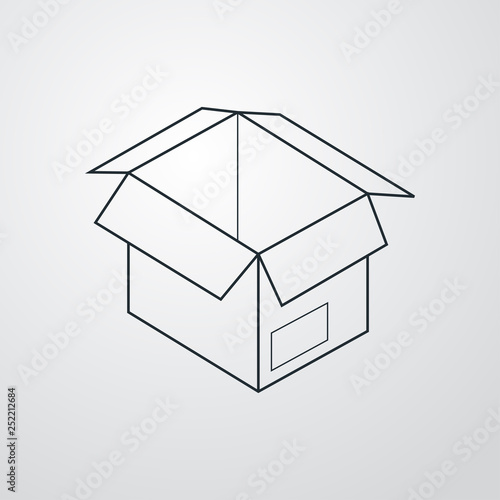 Icono plano lineal caja de cartón en fondo gris