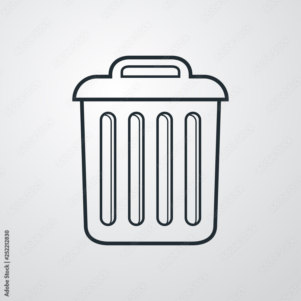 Icono plano lineal cubo de basura en fondo gris