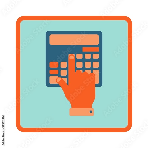 Financial calculations flat icon in square frame. Finger touching the calculator button